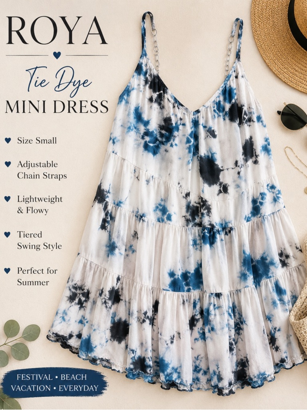 ROYA Tie Dye Blue White Mini Dress Size Small Boho Swing Dress Festival Beach